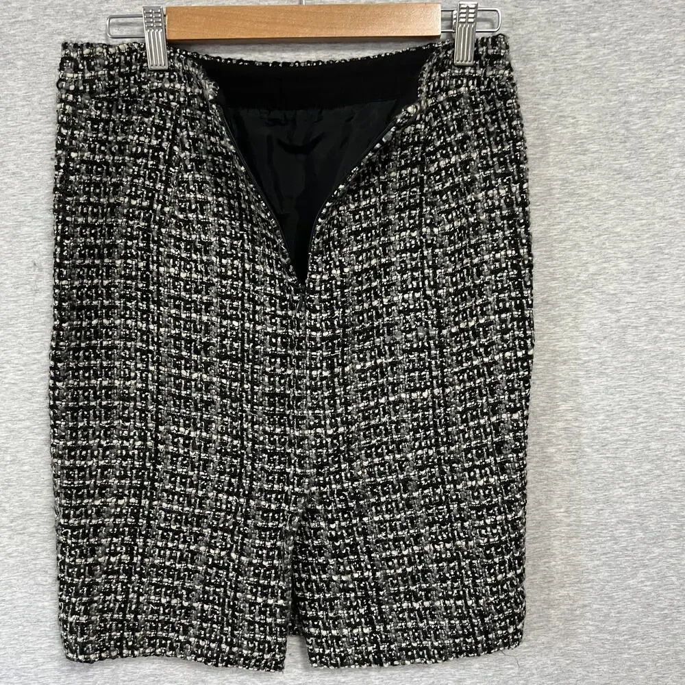 J Crew‎ The Pencil Skirt Womens 2 Black Gray White Tweed Wool Blend Lined Career